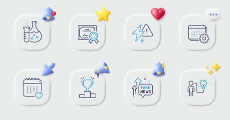Lightning bolt, Fake news and Healthcare calendar line icons. Buttons with 3d bell, chat speech, cursor. Pack of Certificate, Business idea, Winner podium icon. Vector