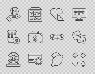 Set line Lottery machine, Deck of playing cards, Game dice, Credit, Hand holding, Briefcase money, Casino slot with lemon and icon. Vector