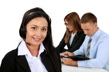 Businesswoman with Headset and Co-Workers In Background - Isolated