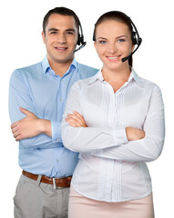Close-up view of young woman and man with headphones, call center or support concept