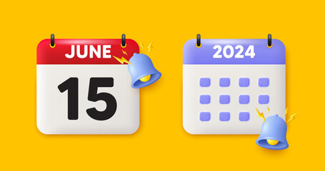 Fototapeta premium Calendar date 3d icon. 15th day of the month icon. Event schedule date. Meeting appointment time. 15th day of June month. Calendar event reminder date. Vector