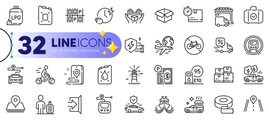 Outline set of Metro, Transport insurance and Pickup line icons for web with Adhesive tape, International flight, Road thin icon. Place, Wholesale inventory, Parking payment pictogram icon. Vector