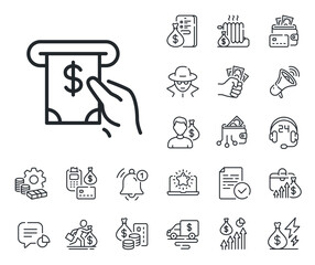 Banking currency sign. Cash money, loan and mortgage outline icons. Cash money line icon. Dollar or USD symbol. ATM service. ATM service line sign. Credit card, crypto wallet icon. Vector