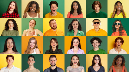 Fototapeta na wymiar Collage of large group of ethnically diverse smiling people, men and women expressing happy, joyful emotions over green and yellow background. Multiracial society