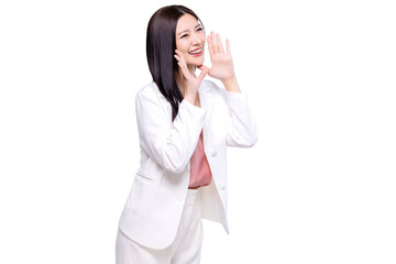 Beauty Asian woman with open mouths raising hands shouting good news isolated on transparent...