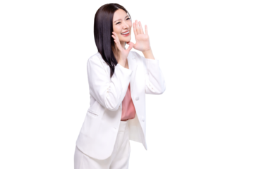 Beauty Asian woman with open mouths raising hands shouting good news isolated on transparent background, PNG file format.