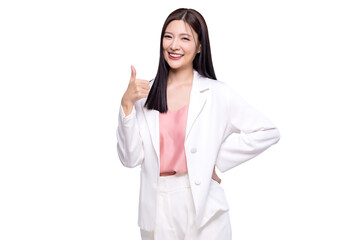 Portrait happy Asian woman shows thumb up and looking at the camera on transparent background, PNG...