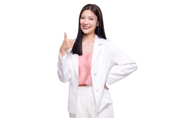 Portrait happy Asian woman shows thumb up and looking at the camera on transparent background, PNG file format.