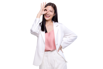 Portrait happy Asian woman shows ok hand sign and looking at the camera on transparent background, PNG file format.