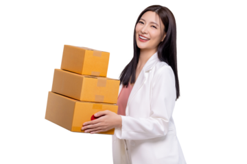 Delivery and shipment service concept. Happy young Asian business woman holding package parcel box isolated on transparent background, PNG file format.