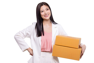 Delivery and shipment service concept. Happy young Asian business woman holding package parcel box...