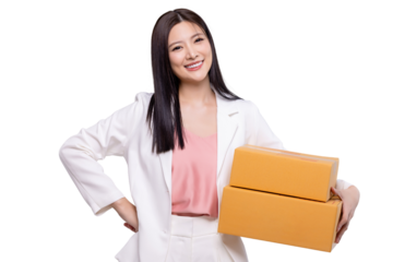 Delivery and shipment service concept. Happy young Asian business woman holding package parcel box isolated on transparent background, PNG file format.