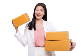 Delivery and shipment service concept. Happy young Asian business woman holding package parcel box isolated on transparent background, PNG file format.