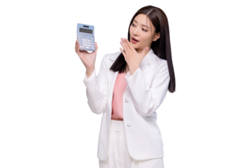 Young Asian woman feel amazing hold in hands calculator isolated on transparent background, PNG file format.