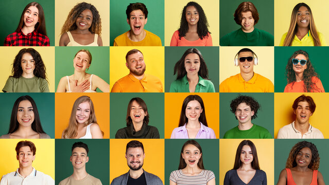 Collage of large group of ethnically diverse smiling people, men and women expressing happy, joyful emotions over green and yellow background. Multiracial society