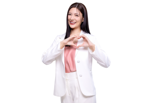 Beauty Asian woman making heart shape hand sign isolated on transparent background, PNG file format.