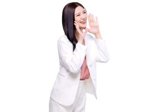 Beauty Asian woman with open mouths raising hands shouting good news isolated on transparent background, PNG file format.