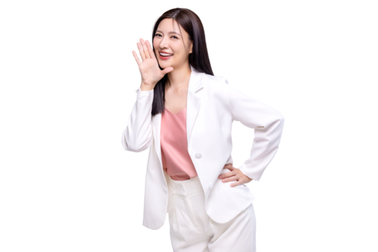 Beauty Asian woman with open mouths raising hands shouting good news isolated on transparent background, PNG file format.