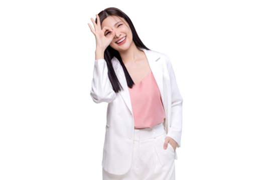 Portrait happy Asian woman shows ok hand sign and looking at the camera on transparent background, PNG file format.