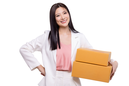 Delivery and shipment service concept. Happy young Asian business woman holding package parcel box isolated on transparent background, PNG file format.