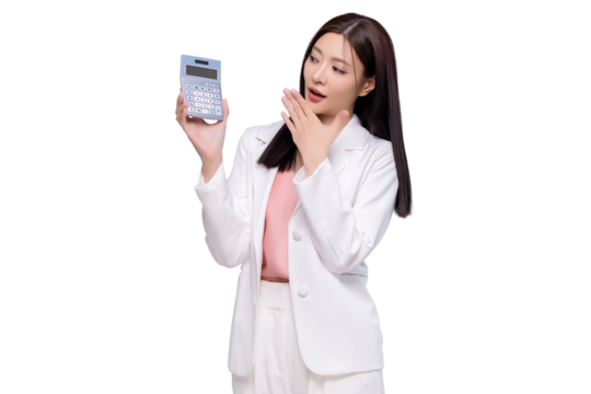 Young Asian woman feel amazing hold in hands calculator isolated on transparent background, PNG file format.