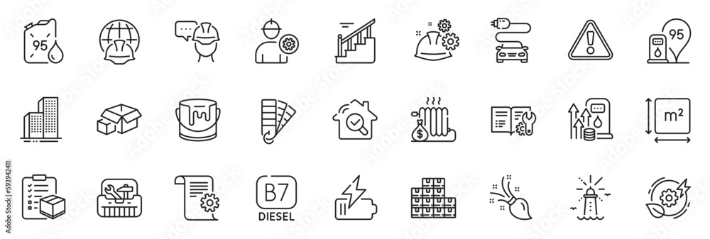 Poster icons pack as skyscraper buildings, toolbox and palette line icons for app include working process, 