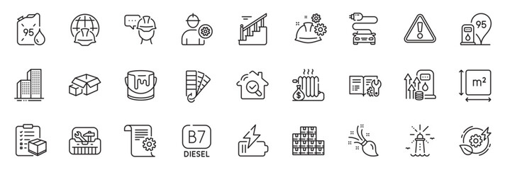 Icons pack as Skyscraper buildings, Toolbox and Palette line icons for app include Working process, Square area, Inspect outline thin icon web set. Green energy, Engineer, Paint pictogram. Vector