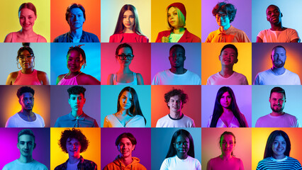 Naklejka na ściany i meble Human emotions. Collage of ethnically diverse people, men and women expressing different emotions over multicolored neon background. Team, job fair, ad concept