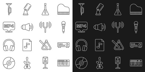 Set line Music synthesizer, Sound mixer controller, Microphone, Balalaika, Megaphone, MP4 file document, Trumpet and Musical tuning fork icon. Vector