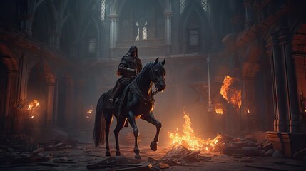 A black flaming chaos knight. Riding horse. Flame. Medieval times. fantasy scenery. concept art. Generative AI

