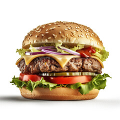 A hamburger with cheese, tomato, and onions on it.