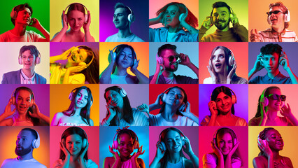 Music lovers. Collage of ethnically diverse people, men and women expressing emotion of pleasure...