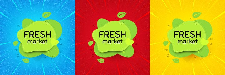 Fresh market food banner. Sunburst offer banner, flyer or poster. Organic bio product tag. Vegetarian eco icon. Fresh market promo event banner. Starburst pop art coupon. Special deal. Vector