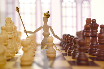 gold, bronze crown on anthropomorphic white queen, pawn, duel queen figures on chessboard...