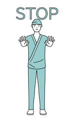 ストップの合図、体の前に手を突き出す男性入院患者