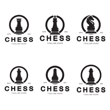 Chess strategy game logo with horse, king, pawn, minister and rook. Logo for chess tournament, chess team, chess championship, chess game application.