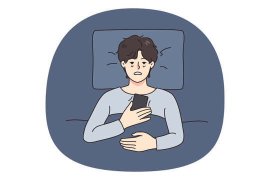 Unhappy tired man lying in bed suffer from insomnia use cellphone device. Upset exhausted guy struggle on sleepless night brose smartphone. Sleeping problem concept. Vector illustration.