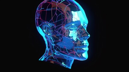 Fototapeta na wymiar Human head in 3d with abstract shape. Computer generated retro futuristic vintage render. Cyberpunk, holographic, synthwave. Generative AI.