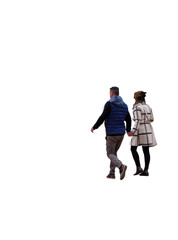 Couple vu de dos marchant en automne, côte à côte, avec veste et manteau, promenade automnale