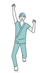 笑顔でジャンプする男性入院患者