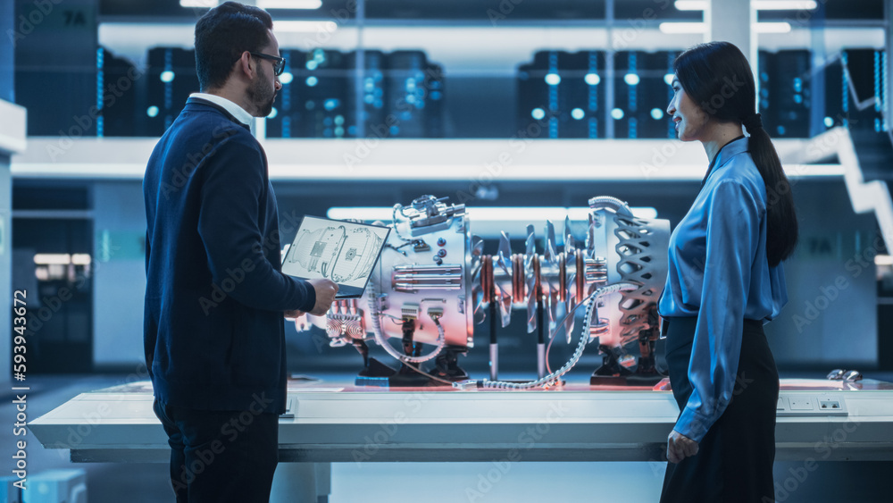 Poster Two Multiethnic Employees Standing in a Modern High Tech Research Facility with Futuristic Turbine Motor. Engineer Explaining How the Prototype Engine Works to an Industrial Specialist with a Laptop.