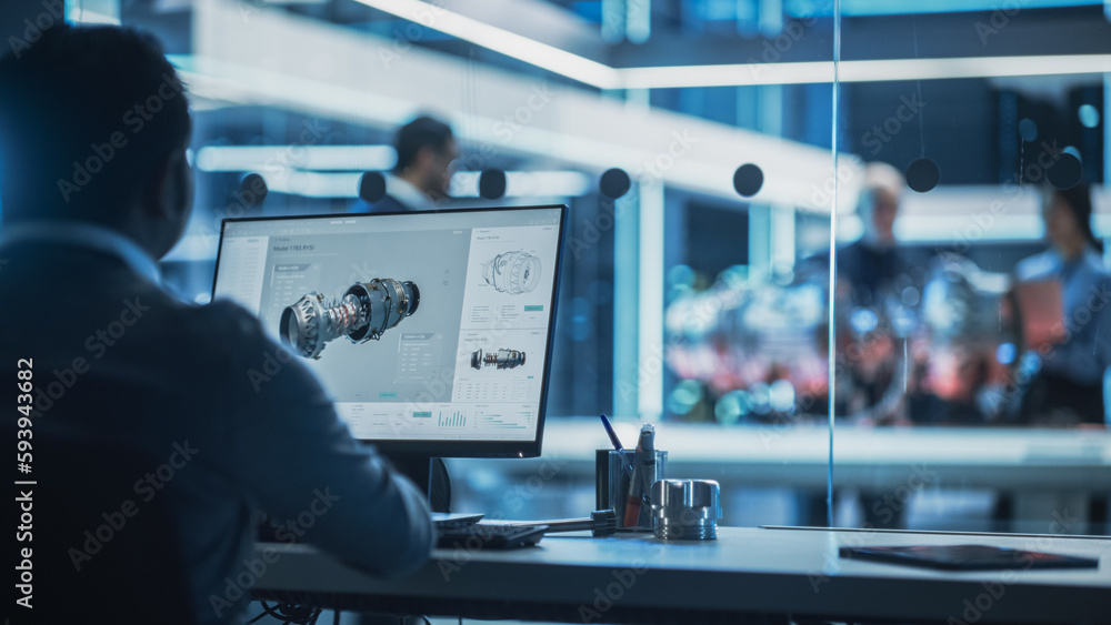 Aufkleber Industrial Engineer Working on CAD Software on Desktop Computer in Turbine Engine Startup Facility. Specialists and Professionals Researching and Developing High Tech Engine Technology.