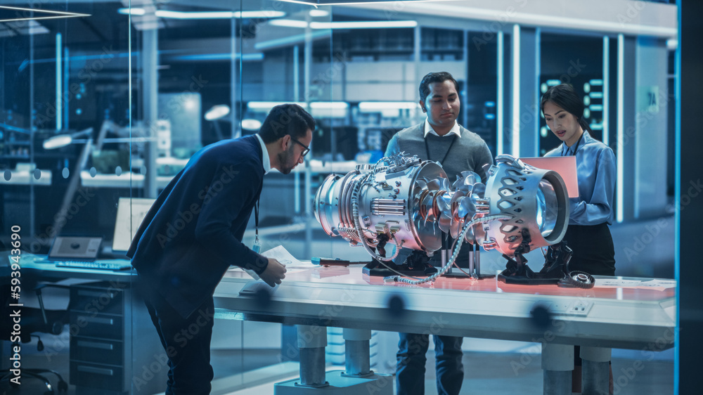 Aufkleber Software Developer, Project Manager and Machinery Operators Collaborate on a Prototype Turbine Engine, Standing with Laptop Computer in Scientific Technology Lab. Team Developing a New Electric Motor