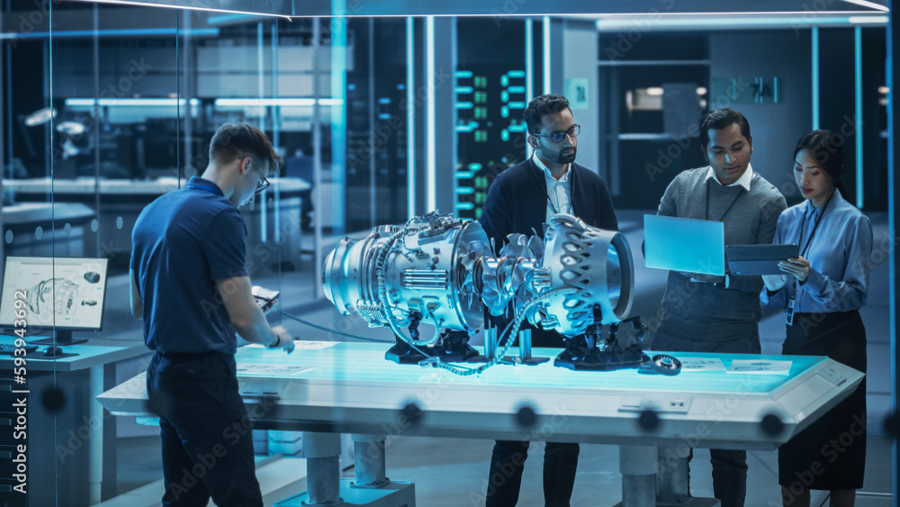 Aufkleber Smart Team of Engineers, Project Manager and Machinery Operators Collaborate on a New Type of a Electric Turbine Engine, Standing with Tablet and Laptop Computers in Scientific Technology Lab.