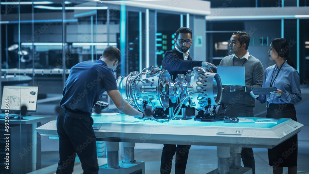 Aufkleber Software Developer, Project Manager and Machinery Operators Collaborate on a Prototype Turbine Engine, Standing with Laptop Computer in Scientific Technology Lab. Team Developing a New Electric Motor