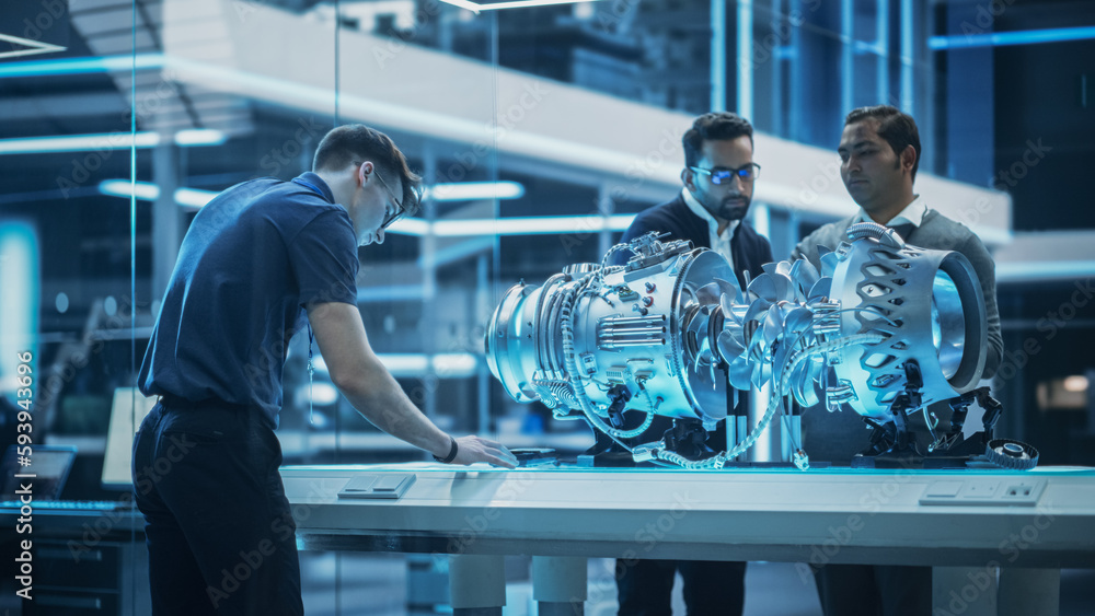 Aufkleber Software Developer, Project Manager and Machinery Operators Collaborate on a Prototype Turbine Engine, Standing with Laptop Computer in Scientific Technology Lab. Team Developing a New Electric Motor