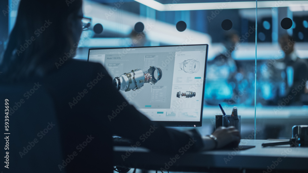 Poster Industrial Engineer Working on CAD Software on Desktop Computer in Turbine Engine Startup Facility. Specialists and Professionals Researching and Developing High Tech Engine Technology.