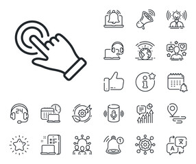 Click hand sign. Place location, technology and smart speaker outline icons. Touchscreen gesture line icon. Push action symbol. Touchscreen gesture line sign. Influencer, brand ambassador icon. Vector