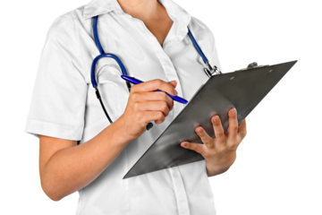 Closeup of Female Doctor , Nurse Writing on Clipboard