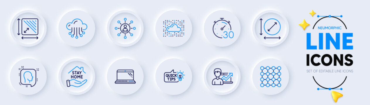 Networking, Head and Laptop line icons for web app. Pack of Circle area, Stay home, Timer pictogram icons. Education idea, Cloud storage, Density signs. Cloud system, Success business. Vector